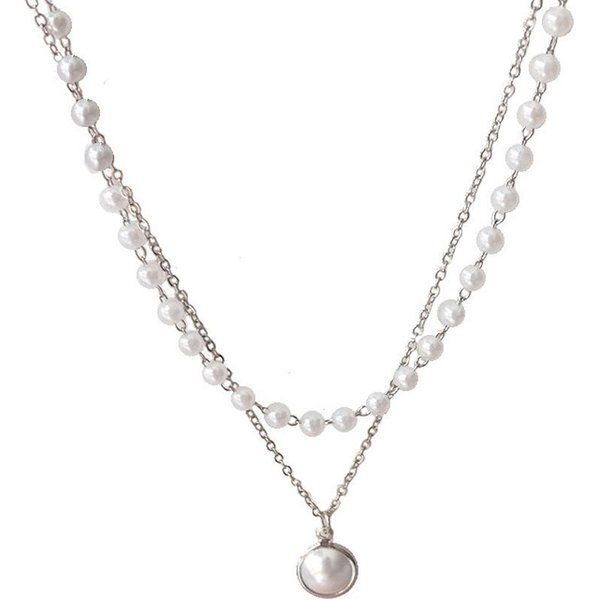Dulce Sencilla Cadena De Perlas Moda Cadena ClavíCula Cadena De Cuello Femenina, Plata Oro Collar De Doble Colgante Plata-image