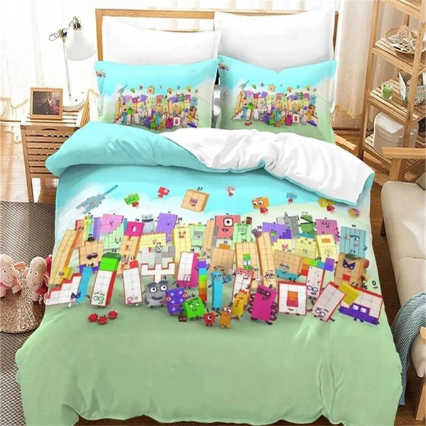 KreskóWkowy Zestaw PośCieli Z Klockami Liczbowymi Poszewka Na KołDrę Poszewka Na Poduszkę Rozmiar King Queen WystróJ Sypialni ChłOpcóW DorosłYch Bedding Set&Eu Single135X200Cm Blue-image