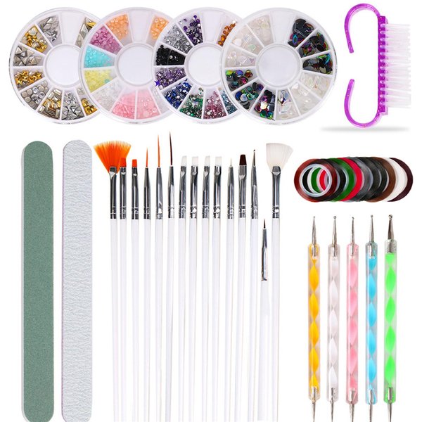 Kit De Herramientas Para Manicura, BolíGrafo Para Pintar UñAs, Pincel Para UñAs, BolíGrafos Punteadores De Doble Punta, Diamantes De ImitacióN Brillantes Varios Colores-image