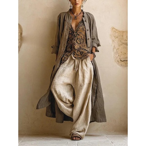 Conjunto De 3 Piezas Para Mujer Camisa De Manga Larga Con Botones Pantalones De Pierna Ancha L Camello-image