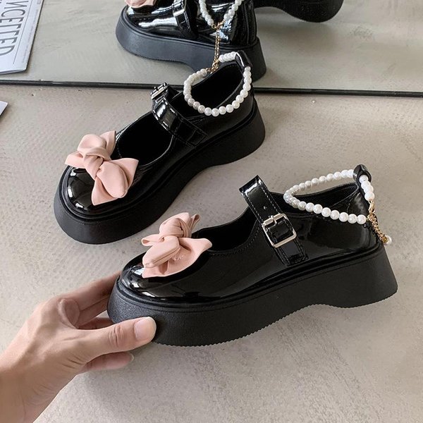 Damskie Buty Bankietowe Z Kokardą, Na Grubej Podeszwie, Wiosenno-Jesienne, Modne, Nowe, Z OkrąGłYm Noskiem, Jednokolorowe, Casualowe Buty Mary Jane 40-image