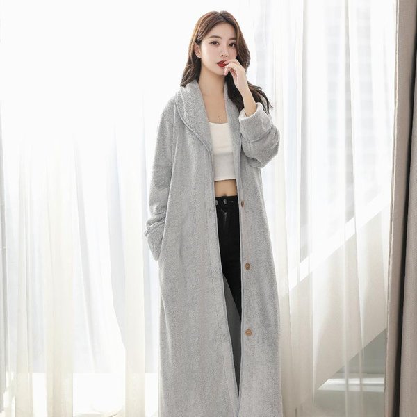 Albornoz Largo Grueso Para Mujer Con Solapa De Botones Para Pareja, Bata Larga De Forro Polar Coral Para Hombre, Ropa De Noche Grande De Franela Para OtoñO Invierno M Gray-image