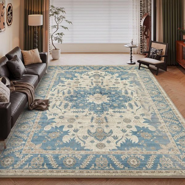 Alfombra Suave Retro Persa DecoracióN De Sala De Estar Hogar Sofá Alfombra FáCil De Limpiar ÁRea Grande Dormitorio Mesita De Noche Antideslizante Felpa Alfombrillas De Suelo 100*160Cm-image