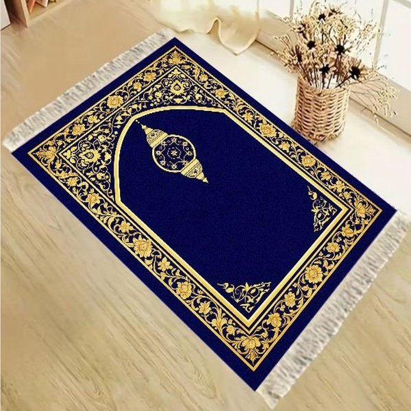 Niebiesko-ZłOty MuzułMańSki Dywanik Modlitewny Tradycyjny Kwiatowy MuzułMańSki Dywanik Z FręDzlami Do Salah 60X120Cm 24X47Inch-image