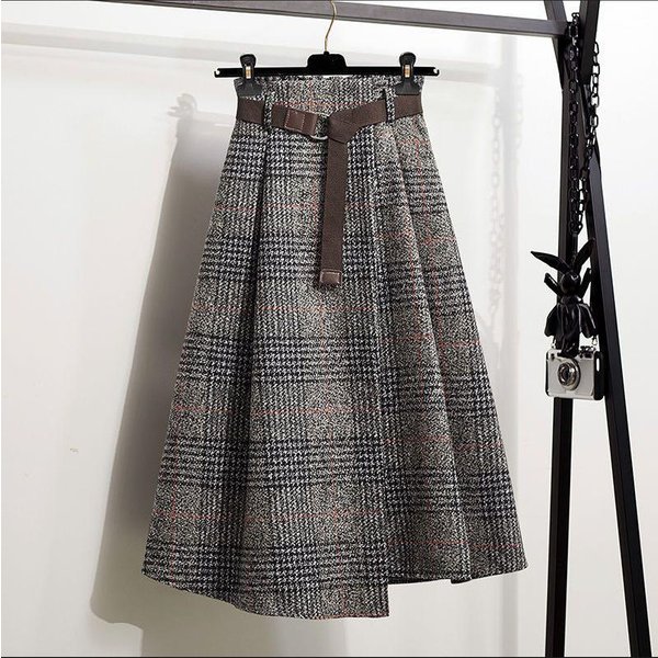 Damska SpóDnica WełNiana W Kratę Retro Z Wysokim Stanem: KróJ Slim Fit Na Jesień/Zimę 2024 2XL Kolor Szary-image