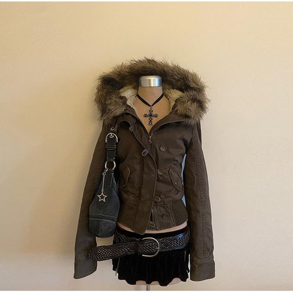 Damska Jesienno-Zimowa Kurtka Jeansowa Z Odpinanym KołNierzem Z Futra W Stylu Vintage, Slim Fit, Y2K, Street Chic, Odzież Wierzchnia, CiepłY PłAszcz 2025 L BrąZowy-image
