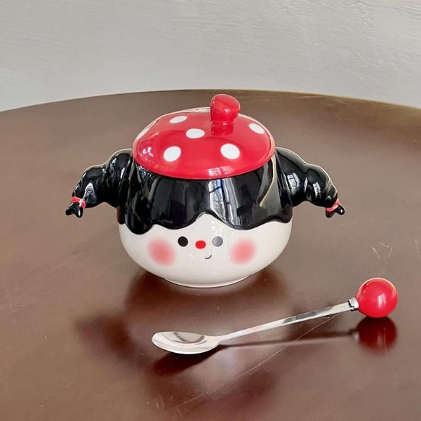 Taza De CeráMica Linda De NiñA Trenzada De Aspecto Alto Con Tapa Cuchara Taza De Café Para Desayuno De Pareja Taza De Agua Para Oficina 401-500Ml-image