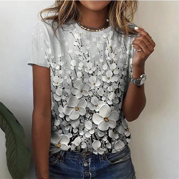 Camiseta Con Estampado 3D De Flores Para Mujer, Remera De Verano De Manga Corta Con Cuello Redondo, Remera Informal Con Estampado Floral Estilo Harajuku Para Chicas 6XL-image