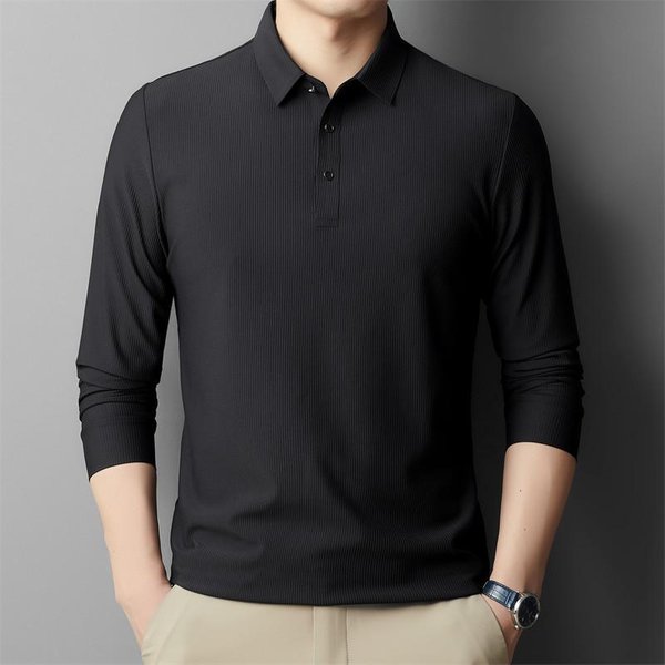 Camiseta Transpirable De OtoñO Para Hombre Nueva De Media Edad VersáTil Solapa Color SóLido Manga Larga Casual Moda Polo XL Black-image