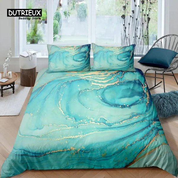 Dom Luksusowy 3D Turkusowy Marmur Kolekcja PośCieli ZłOta Poszewka Na KołDrę Poszewka Na Poduszkę Rozmiar Queen I King Rozmiar EU KołDra PośCiel 70X133Cm 2Pcs-image