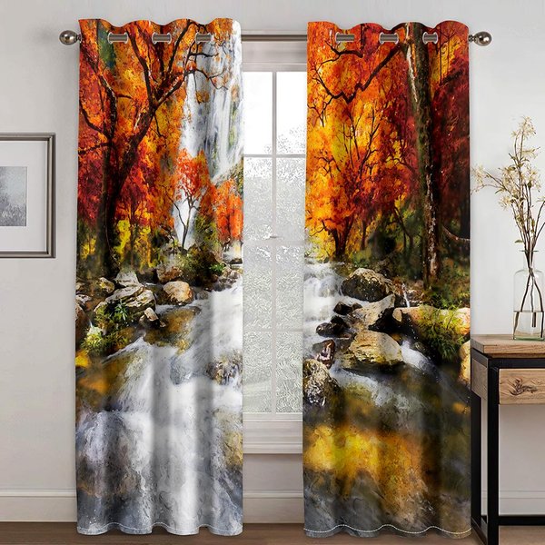 Naturalny Krajobraz Sceneria Las ZachóD SłOńCa Darmowa WysyłKa 2 Sztuki Cienka ZasłOna ZaciemniająCa Na Okno Do Salonu Sypialni 140W160H(Cm)55X63In&Rod Pocket-image