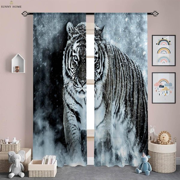 Lew Las Zwierzę 3D Drukowane ZasłOny PokóJ DziecięCy Salon Gabinet Dekoracyjne ZasłOny WystróJ Domu 2 Sztuki W50Xh140(Cm)X2Pcs&Grommet Top Black-image