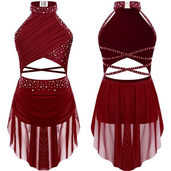 DziecięCe DziewczęCe Liryczne WystęPy Taneczne Kostium łYżWiarstwo Figurowe Balet Gimnastyka Trykot Sukienka Bez RęKawóW Rhinestone Dancewear 7-8 Years Burgund-image