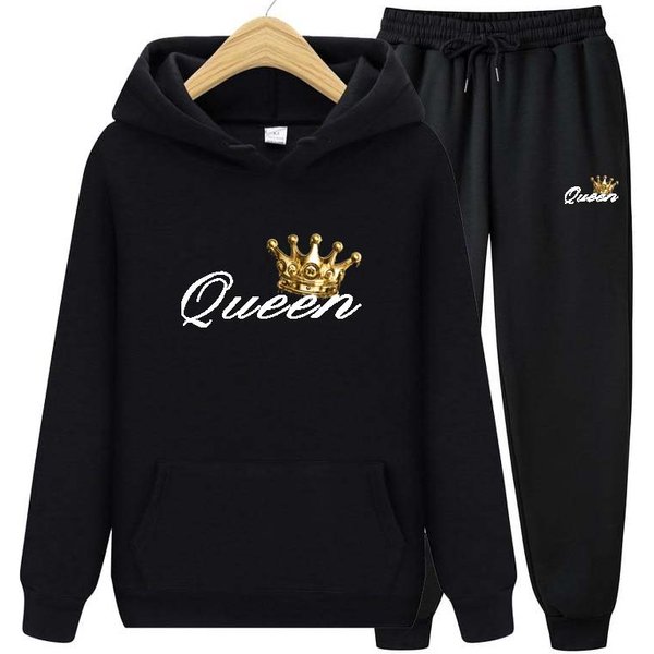 Dres 2-CzęśCiowy Zestaw Unisex Damska Bluza Z Nadrukiem KróLowej Sport Garnitur Bluzy Bluza Polarowa + Spodnie Garnitur Bluza Z Kapturem Odzież Sportowa Jogging S Black-image