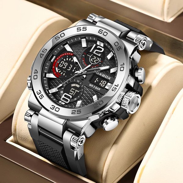 Lige Nuevo Reloj De Moda Para Hombre 50M Reloj De Cuarzo Deportivo Luminoso Resistente Al Agua Reloj De Pulsera Con SincronizacióN De Fecha AutomáTica Plata/Negro-image