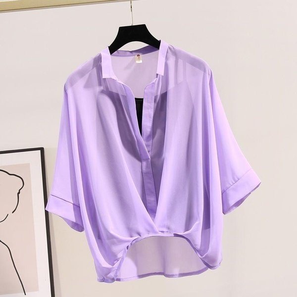 Blusa De Gasa De Verano Para Mujer, Blusa Holgada De Manga Corta Con Mangas MurciéLago, Camisa De MurciéLago M PúRpura-image