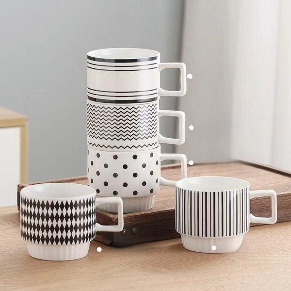 Taza De CeráMica Blanco Y Negro GeoméTrica Taza Para Beber Taza De Café De Alto Valor Taza Nicho Para Oficina 301-400Ml-image
