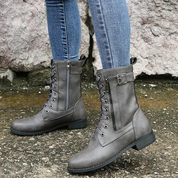 Botines De TacóN Cuadrado Para Mujer OtoñO Invierno Cuero PU Botas Cortas De Trabajo Mujer Talla Grande Con Cordones EláSticas Botas Mujer 2024 38 Gray-image