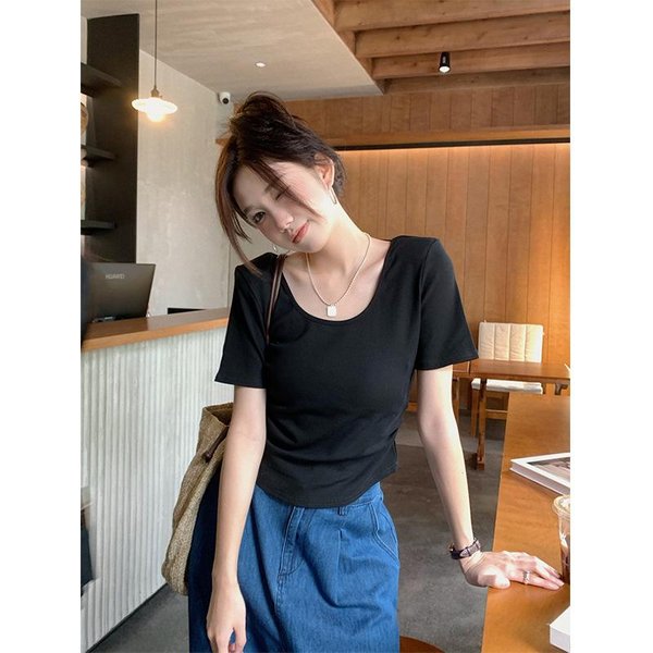 Camiseta De Manga Corta Para Mujer En Verano Nuevo DiseñO De Estilo Coreano Ajustada Y Delgada Espalda Descubierta Corta Top De Estudiante 2XL Negro-image