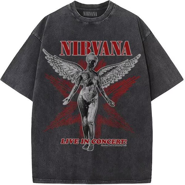 Camiseta De AlgodóN Lavado Retro Para Hombre De La Banda De Rock Nirvana In Utero Camiseta De Gran TamañO Y2K Desgastada Casual Holgada Streetwear L Gray-image