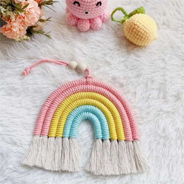 Hecho A Mano Tejido Cuerda De AlgodóN ArcoíRis Borlas Cuentas Colgantes Estilo Boho Colgante De Pared Para HabitacióN ArcoíRis DecoracióN Festiva China Gray-image