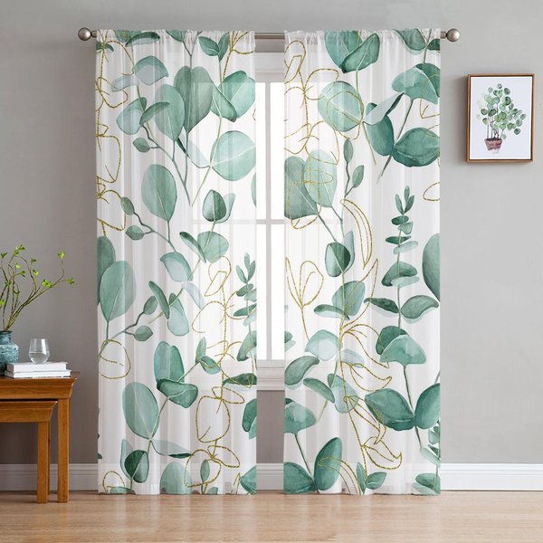 Zielony Liść Eukaliptusa RośLin Tiulowe ZasłOny Z Woalu Do ZasłOny Okiennej Sypialni Do Salonu Przezroczyste ZasłOny Rolety ZasłOny Z Organzy 1 PCS W100Xh250Cm&Grommet Top White-image