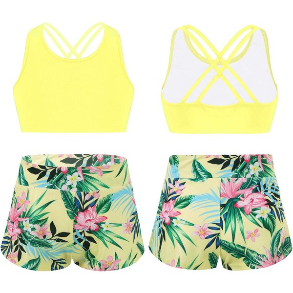 DziecięCe DziewczęCe Z Nadrukiem Rash Guard Tankini Sport Crop Top + Spodenki KąPielowe StróJ KąPielowy Stroje KąPielowe PlażOwe 13-14 Years żółTy-image