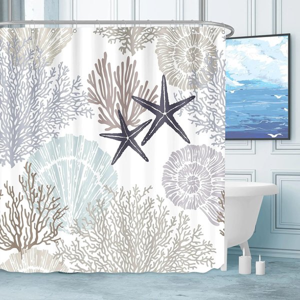 Estrella De Mar Concha Coral Playa Cortina De BañO Con TemáTica OceáNica Submarina Cortinas De Ducha De Tela Impermeable Decorativa Para BañO W180Xh180Cm-image