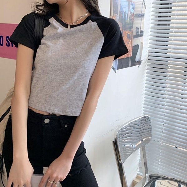 Camiseta Corta De Manga Corta Para Mujer Estilo Coreano Cintura Alta VersáTil Estudiante Verano Nuevo Ombligo Descubierto Camiseta Corta Para Mujer XL Gris-image