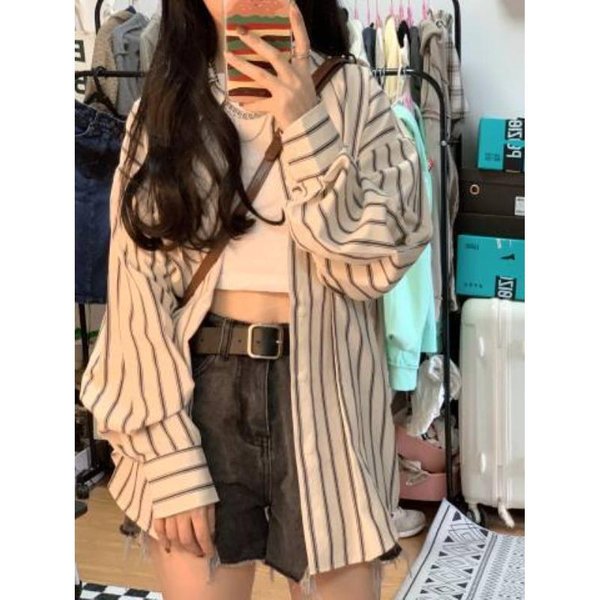 Chaqueta Camisera Rayada Para Mujer Primavera Y OtoñO Nuevo DiseñO Coreano Nicho Delgada CáRdigan De Manga Larga Top De Manga Larga XXL Blanco-image