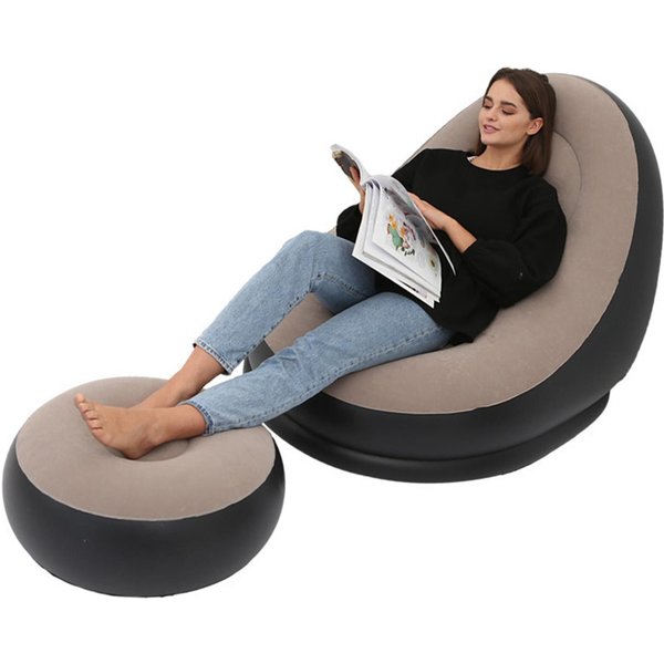 Silla Inflable Plegable De PVC Flocado, CóModa Con ReposapiéS, SillóN Inflable Para Exteriores MarróN-image