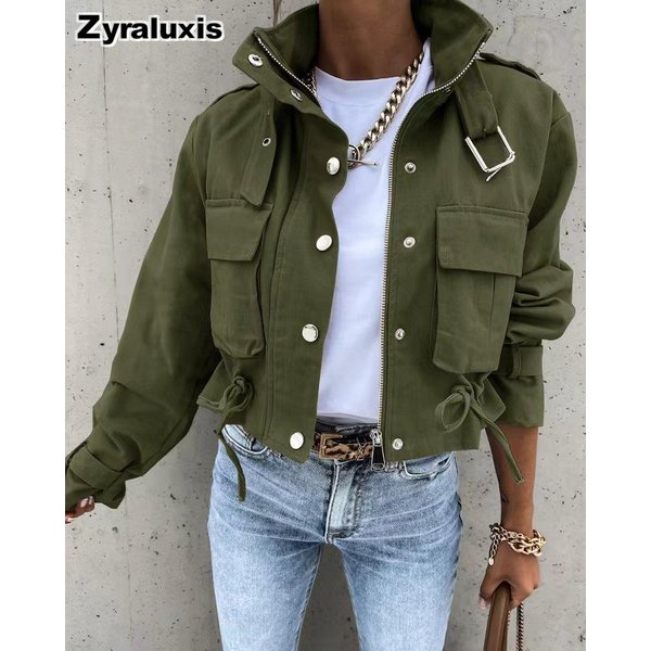 Jesień Zima Nowa Damska Moda Drukowana KróTka Casualowa Kurtka Top 2XL Kolor Zielono-Szary Wojskowy-image