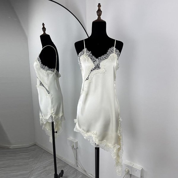 Seksowna Nieregularna Satynowa Sukienka Z Koronką Damska Modna Sukienka Mini Na RamiąCzkach Z Dekoltem W Serek I Asymetrycznym DołEm Nowa Moda Sukienka Imprezowa Sukienka Typu Camisole L-image