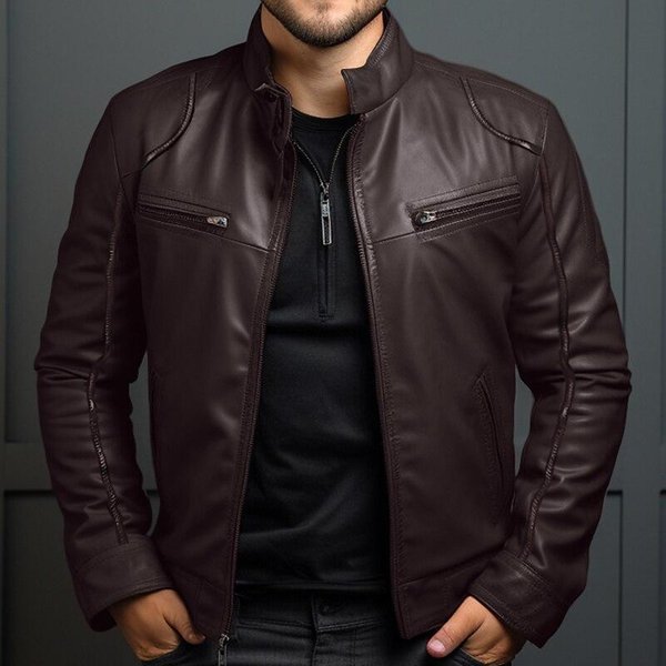 Chaqueta De Cuero De Negocios Para Hombre De Primavera OtoñO Para OtoñO E Invierno, Chaqueta De Cuero Casual Con Cuello Alto De Moda Para Hombre 2XL MarróN-image