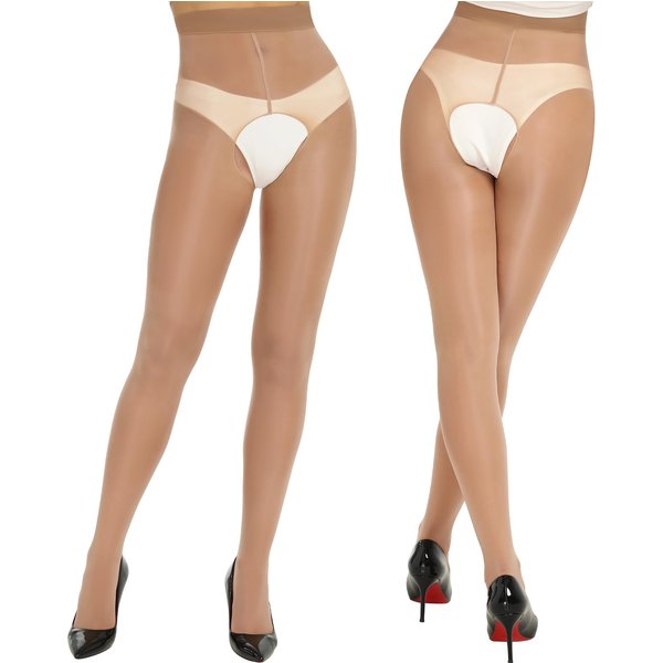 Kuwa 2 Pares Medias De Entrepierna Abierta Medias Brillantes Para Mujeres 15D Medias De Brillo Aceitoso Cintura Alta Medias Brillantes Medias Brillantes Al Aceite S-M 40-70KG Beige-image