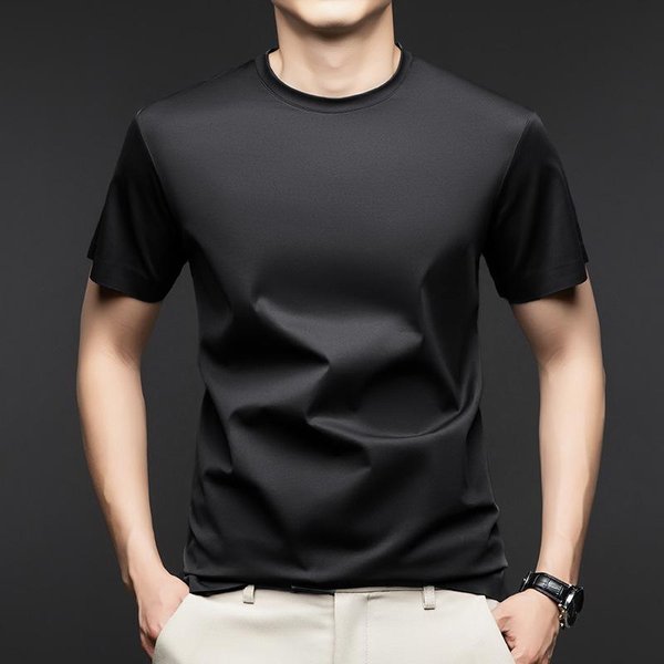 Camiseta De Verano De Seda Morera Para Hombre, De AlgodóN, Cuello Redondo, Manga Corta, Antihielo, Estilo Polo. L Black-image