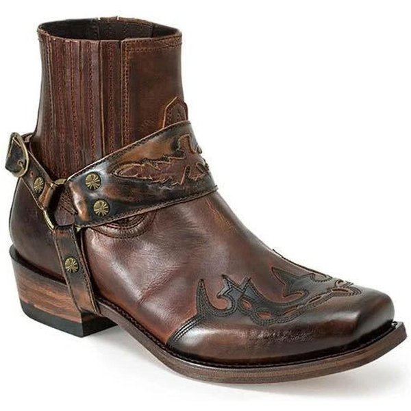 Botas De Motocicleta Para Hombre Botas Cortas De Vaquero Con Punta Cuadrada Retro Botas De Engranaje De Caballo 39-image