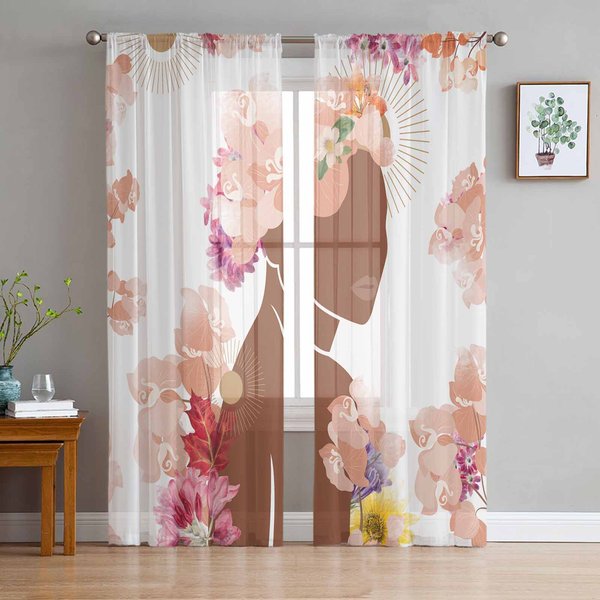 Cortinas Transparentes De Estilo Bohemio Floral MarróN Para DecoracióN De Sala De Estar, Cortinas De Ventana, Cortinas De Tul Voile Para Cocina W135 X H115Cm X1-image