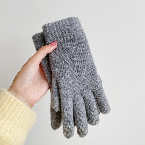 Moda Mujer Invierno Cachemira ProteccióN Contra El FríO Doble Capa Engrosamiento Mantener Caliente Guantes De Lana Tricotados Gris Oscuro-image