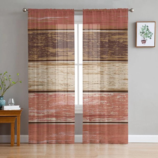 Cortinas Transparentes RúSticas De Grano De Madera Retro MarróN Para DecoracióN De Sala De Estar, Cortina De Ventana, Cocina, Tul, Voile, Organza, Cortinas W135 X H115Cm X1&Rod Pocket-image