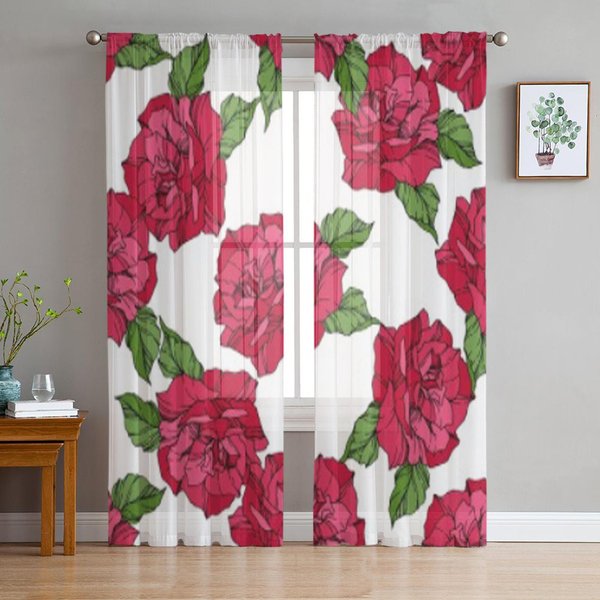 Cortinas Visillos De Hojas Salvajes De Primavera Para Sala De Estar Tul Transparente Tratamientos Para Ventanas Dormitorio Cocina DecoracióN Del Hogar Visillos 135W X 114H(Cm) Pink-image