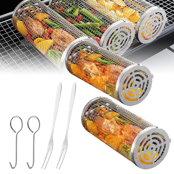 Juego De 8 Cestas Para Asar Con Ruedas Para Asar Al Aire Libre, Accesorios De Acero Inoxidable Para Barbacoa Small Plata-image