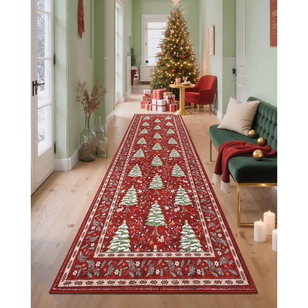 Czerwony ŚWiąTeczny Dywanik Korytarzowy AntypośLizgowy Zmywalny Odporny Na Plamy Druk Choinki ZwierząT ŚWiąTeczna Dekoracja Domu 40X120CM(1.3X3.9FT Gray-image