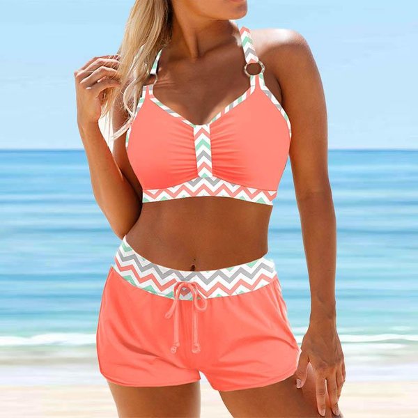 Damski StróJ KąPielowy Na RamiąCzkach Z Dwukolorowym Bikini W Paski I KróTkim Kostiumem KąPielowym 2XL-image