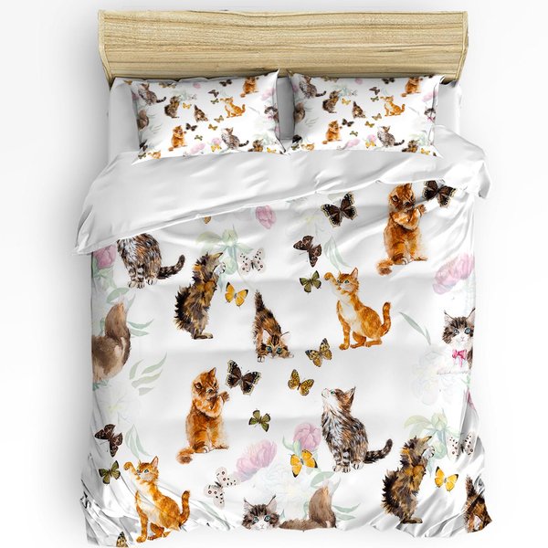 Kawaii Colorido Gato Funda NóRdica Blanca Cama Ropa De Cama ColeccióN Textil Hogar Funda De Colcha Fundas De Almohada Dormitorio ColeccióN De Ropa De Cama Doble Sin Lino EU Single(135X200Cm)-image