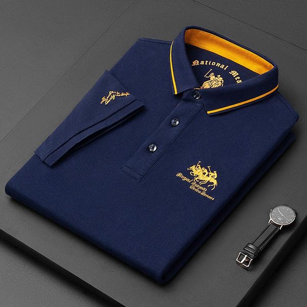Polos Bordados Para Hombre Camisa De Manga Corta Top De Lujo Casual Con Solapa Camiseta Para Hombre Transpirable Ligera Camiseta Homme 5XL Azul-image