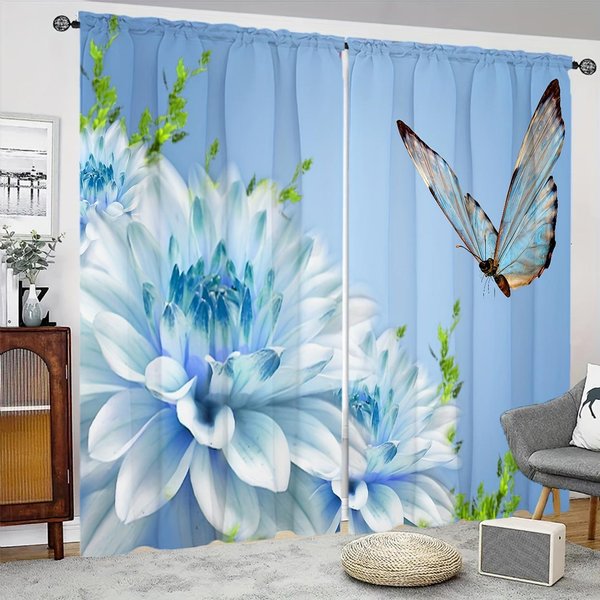 2 Szt. Niebieskie TłO Kwiatowy Motyl Nadruk ZasłOny Poliestrowe Do Salonu Sypialni Gabinetu Wieloscenowa Dekoracja Domu 100W130H(Cm)40X51In&Rod Pocket Gray-image