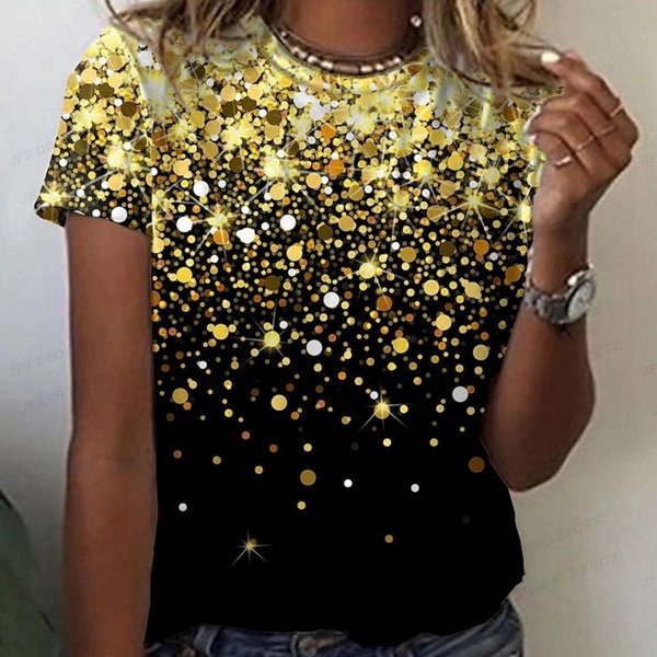 Luksusowy ZłOty T-Shirt Z Nadrukiem 3D Kobiety Moda T-Shirty KróTki RęKaw Top Koszulki Oversize T-Shirt Gwiezdna Odzież Damskie Topy Lato M Black-image