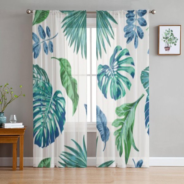Cortinas Transparentes Con Hojas Tropicales ExóTicas Para Sala De Estar, Dormitorio, Cortinas De Voile Para Ventana, Cortinas De Organza, Cortinas De Tul Para Fiestas. 135W X 114H(Cm) White-image