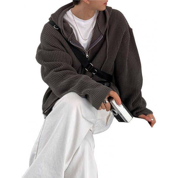 Abrigo SuéTer Para Hombre OtoñO Invierno Con Capucha CordóN Holgado Cierre De Cremallera Mangas Largas CordóN Longitud Media Color SóLido Retro Tejido M Gris-image